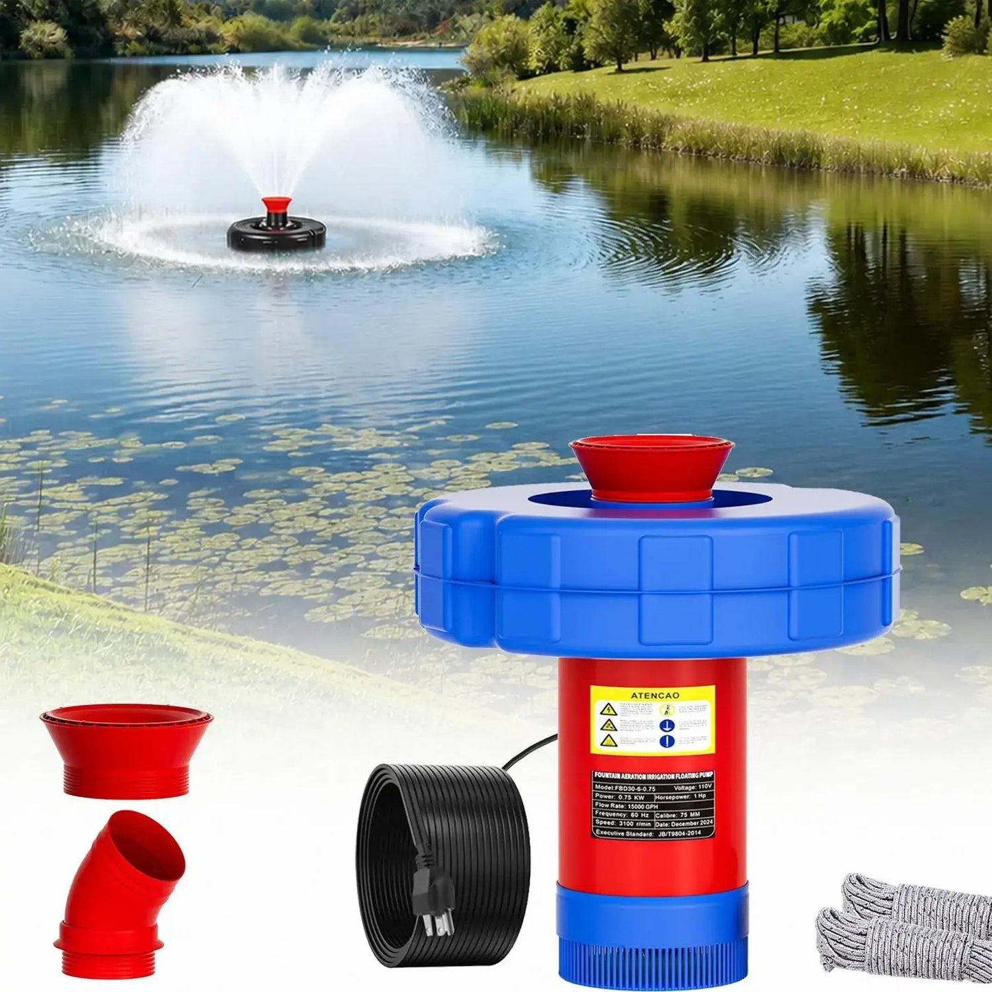 Pond Fountain Aerator  1HP 110V 750W 15000 GPH Floating Fountain Pump with 100 FT Power Cord  2 x 100 FT Rope Timer  Fully Automatic Powerful Aerating Fountain for Larger Ponds, Lakes