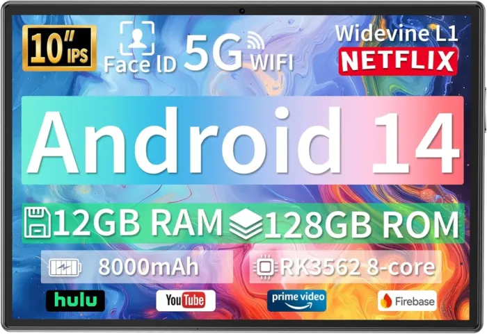 10 Inch Android Tablet, 12GB RAM 128GB Storage (Expandable to 1TB), 5G WiFi, 8000mAh Long Battery Life, Octa-Core Processor, Dual Camera (5MP+8MP), Face Unlock, Black - Image 2