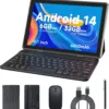 10 inch Android 14 Tablet, 6GB RAM 32GB ROM Powerful Quad-core CPU, 1280*800 Resolution Screen Tablet PC, 8MP Camera, 6000mAh Battery Computer, 2 in 1 Tablets with Keyboard, Case, Mouse, Stylus Laptop