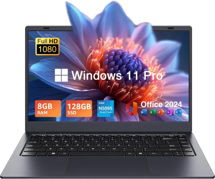 14" Laptop Windows 11 Pro - Intel N5095 Quad-Core, 8GB RAM 128GB SSD, Full HD, WiFi 5/Bluetooth 5.0, Webcam Privacy Cover, Preloaded Office 2024 - Ultra-Portable - Image 2