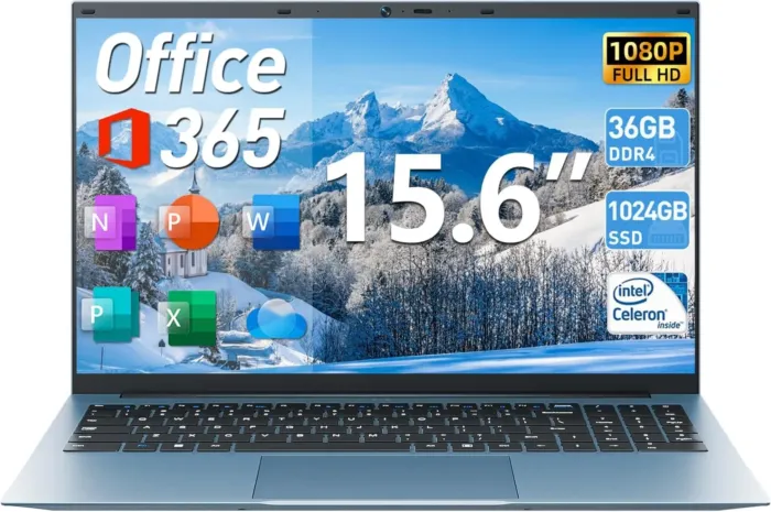 15.6 Inch Laptops, Windows 11 Laptop Computers with 36GB RAM 128GB EMMC+1024GB SSD, Celeron N5095 Quad-Core, 1 Year Office 365, WiFi 6, 180° Viewing, USB 3.2, HDMI, Type-C, 7000mAh Battery - Image 2