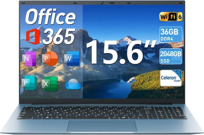 15.6 Inch Laptops, Windows 11 Laptop Computers with 36GB RAM 128GB EMMC+2048GB SSD, Celeron N5095 Quad-Core, 1 Year Office 365, 180° Viewing, WiFi 6, USB 3.2 * 3, HDMI, Type-C, 7000mAh - Image 2