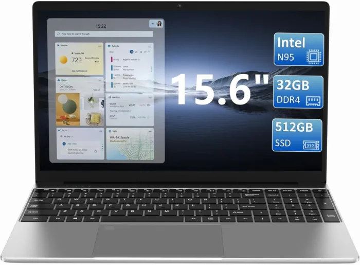 15.6" Laptop Computer - 32GB DDR4 RAM 512GB NVMe SSD Gaming Laptops with Backlight Keyboard, Fingerprint Reader,Quad-Core Intel_N95(Up to 3.4GHz), 8000mAh Battery,USB3.0x2,Win11 Pro,Silver - Image 2