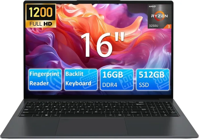 16 Inch Laptop Computer for Business Student,AMD Ryzen3 3250U(Up to 3.5GHz,Beats N95),1920×1200 FHD IPS Display,16GB RAM 512GB SSD,1MP Webcam,WiFi,HDMI,USB,Type-C,Backlit Keyboard,Fingerprint,Numpad - Image 2