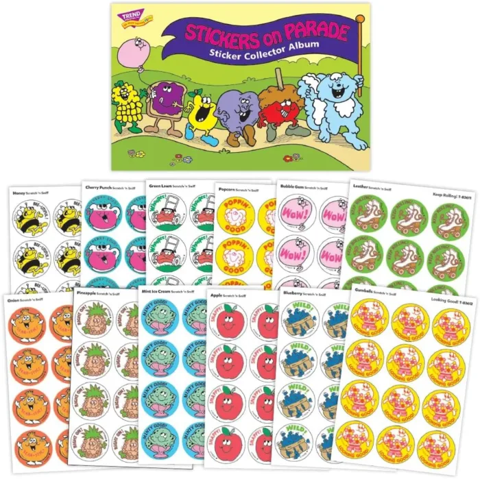 Stickers on Parade Retro Scratch 'n Sniff Stinky Sticker and Album Combo Pack by TREND - 12 Sticker Packs, 1980s Authentic Designs!