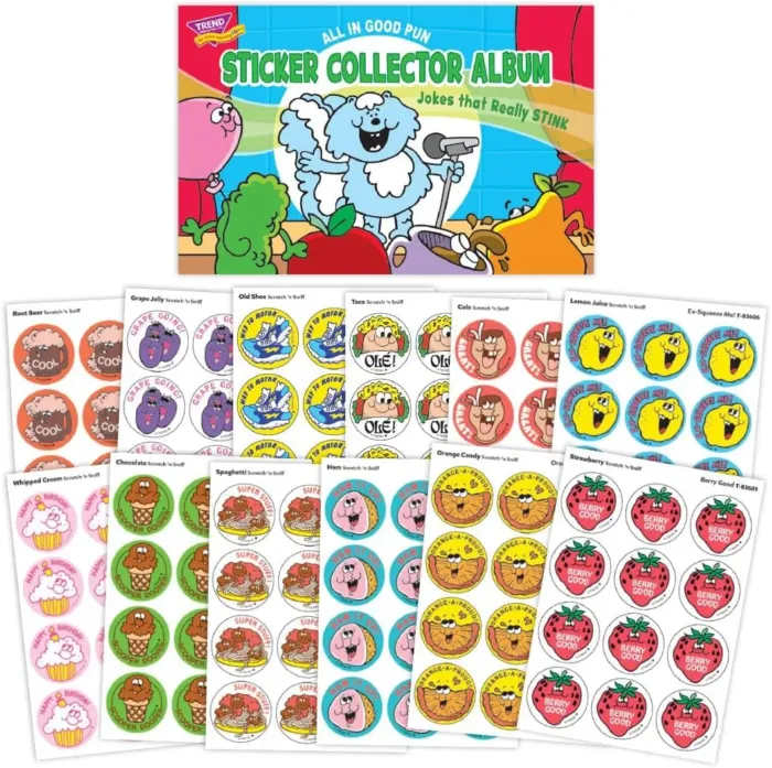 All in Good Pun Retro Scratch 'n Sniff Stinky Stickers and Album Combo Pack by TREND - 12 Sticker Packs, 1980s Authentic Designs! - Image 3