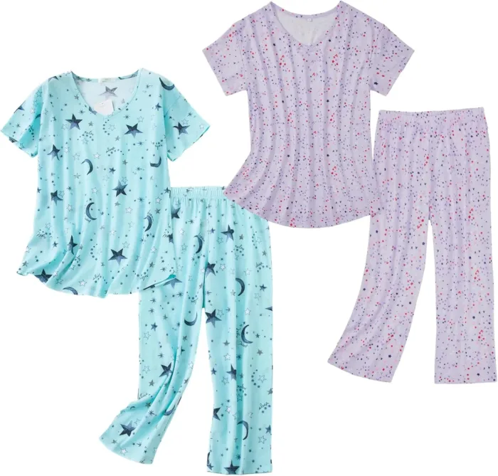 American Trends 2 Pack Cotton Pajamas for Women Set Two Piece Short Sleeve Sleepwear Tops with Capri Pants Summer Pj Set