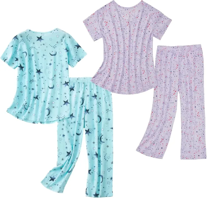 American Trends 2 Pack Cotton Pajamas for Women Set Two Piece Short Sleeve Sleepwear Tops with Capri Pants Summer Pj Set