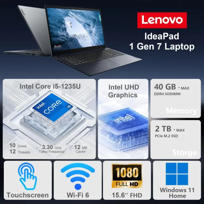 Lenovo IdeaPad 1i Laptop, 15.6" FHD Touchscreen, Intel Core i5-1235U Processor, 16GB RAM, 512GB SSD, Webcam, HDMI, Wi-Fi 6, Windows 11 Home, Blue - Image 3