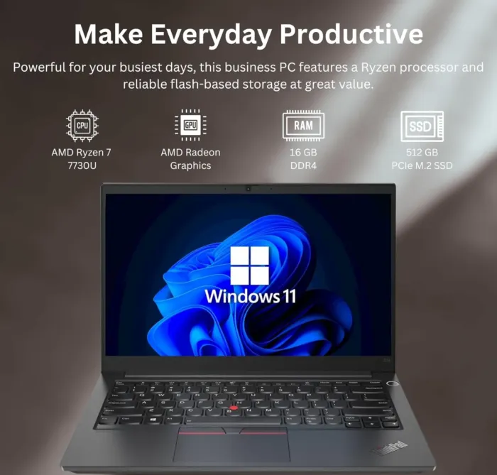 Lenovo ThinkPad E14 Gen 5 Business Laptop, 14" FHD+ Display, AMD Ryzen 7 7730U (Beat i7-1255U), 16GB RAM, 512GB SSD, FP Reader, Backlit Keyboard, HDMI, RJ45, Wi-Fi 6, Windows 11 Pro, Black - Image 3