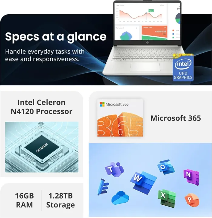 HP Flagship 14" Laptop with 1 Year Office 365 | 16GB RAM | 1.28TB Storage(128GB EMMC & 160GB Docking Station & 1TB Cloud Storage) | Intel 4-Core Processor | Webcam| Silver | Windows 11 - Image 4