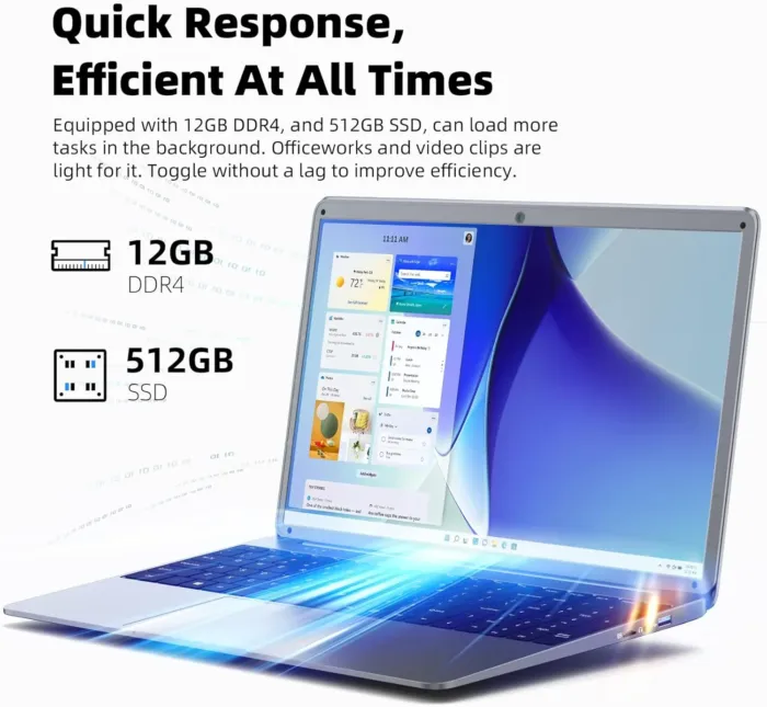 Naclud Windows 11 Laptop, 15.6 Inch Laptops, 12GB DDR4+512GB SSD Storage, Celeron N5095 Quad-Core(up to 2.9 GHz), 5GWiFi, USB 3.2, HDMI, Type-C, 7000mAh Battery - Image 3