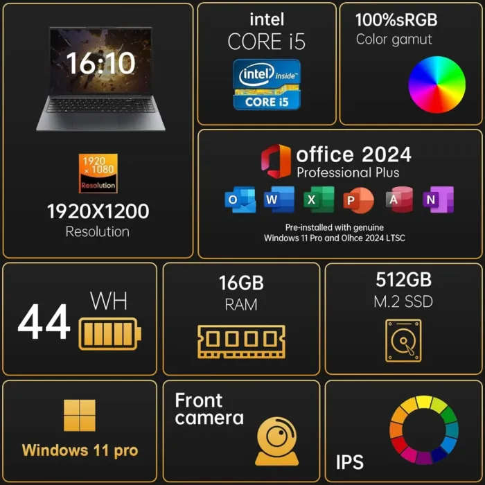 EYY 16" Laptop Computer Intel Core i5 Processor, Windows 11 Pro Laptop 16GB(8+8) RAM 512GB SSD, 1920 x 1200 FHD 16:10 Display, MS Office 2024, Notebook with Backlit Keyboard, WiFi, BT5.0, RJ45, HDMI - Image 3