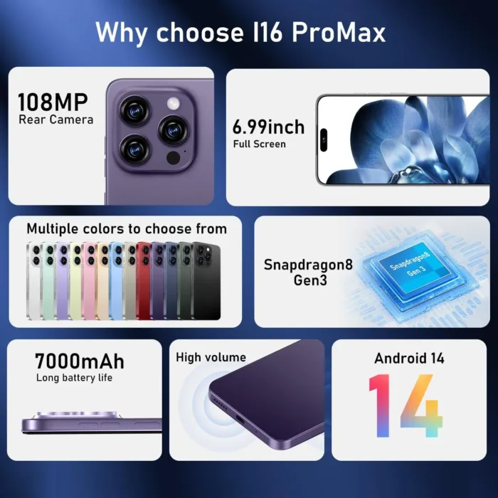I16 ProMax Smartphone New Upgrade 16GB+1TB/6.99" Display 68+108MP Zoom Camera,Tempered Glass Finish, 7000mAh Android 13 Smartphone (Deep Purple) - Image 4