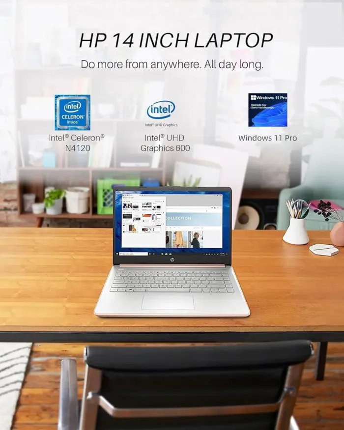 HP 14" Ultral Light Laptops, Intel Celeron N4120, 16GB RAM, 384GB Storage(128GB eMMC+256GB Micro SD), with Office Lifetime License & Windows 11 Pro, Long Battery Life, Wi-Fi, MicroSD, HDMI, Rose Gold - Image 3