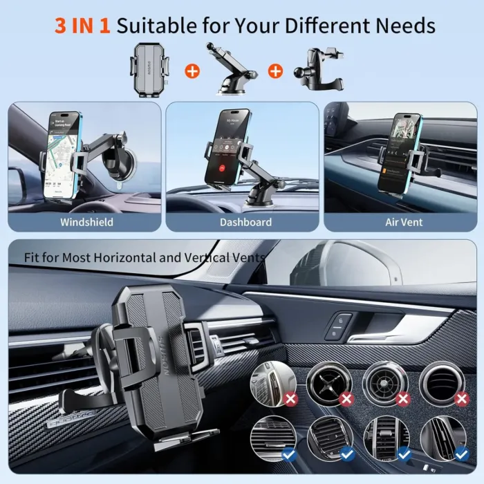 Upgraded 3-in-1 Car Phone Holder Mount [Powerful Suction] Phone Mount for Car Dashboard Air Vent Windshield,for All iPhone Android Phone (Black) - Image 3