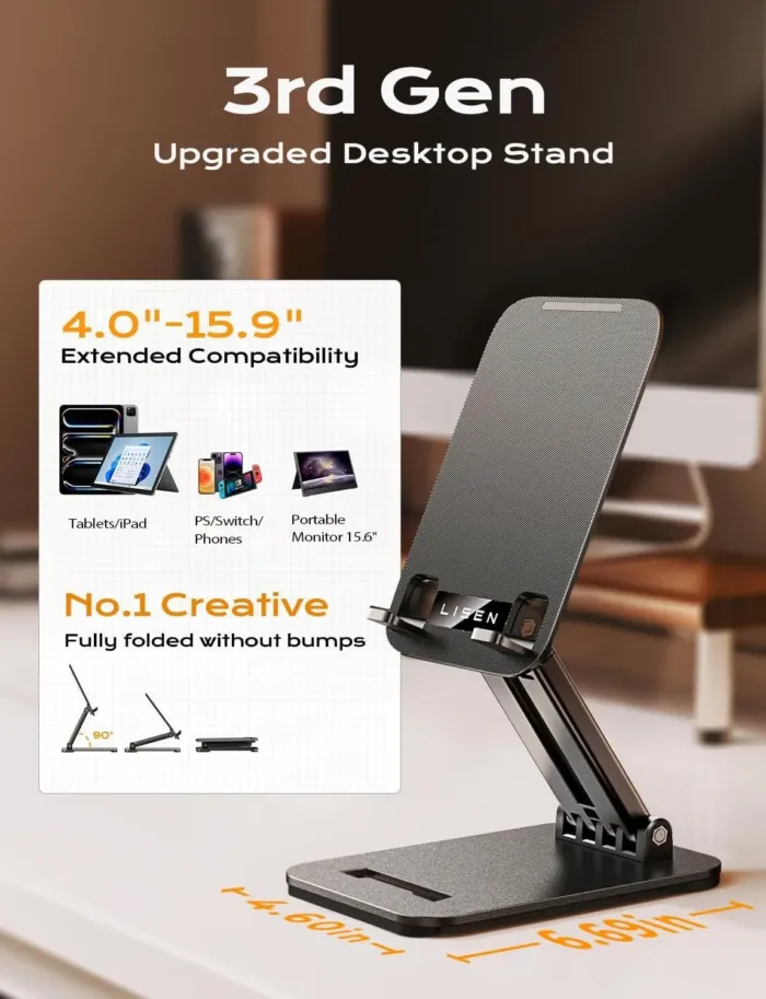 LISEN Tablet Stand for iPad Stand Holder Desk, Foldable Home Office Desk Accessories Travel for iPad Holder Dorm College Essentials Portable Monitor Stand Fits Tabs Kindle iPhone 4-15.9" Black - Image 3