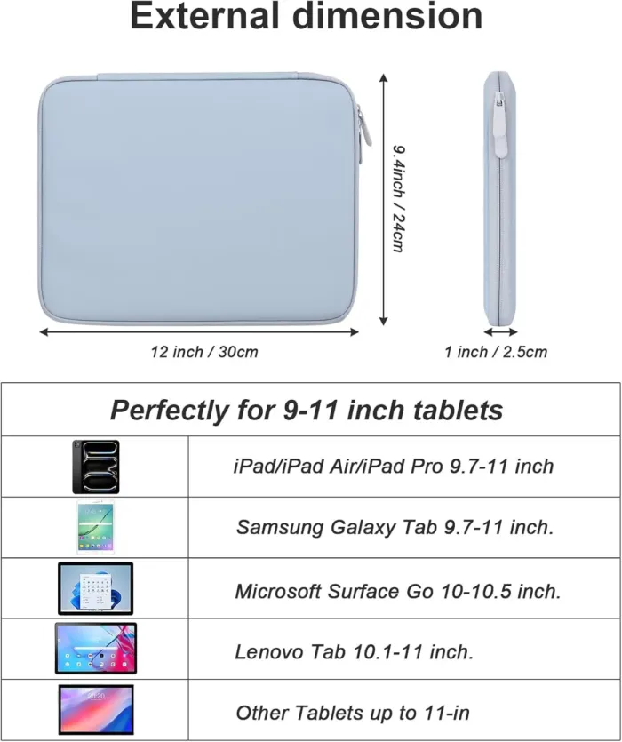 DDgro Padded Tablet Sleeve Bag for 9-11 Inch iPad, iPad Pro, iPad Air and Other Tablets (PU-Misty Blue, 11 inch) - Image 3