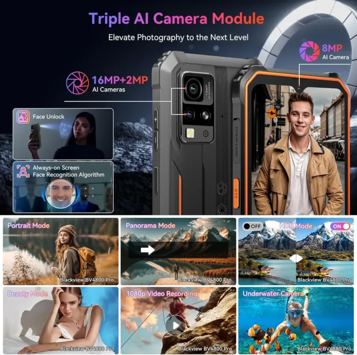 Blackview BV4800 Pro Rugged Phone,Android 14 Phone 8GB+128GB 2TB Expand, 6.56" 5180mAh Smartphone, 4G T-Mobile Dual SIM Rugged Smartphone Unlocked, Cellphone IP69K Waterproof, 3 Card Slots/Face ID