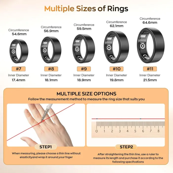 Smart Ring with Sleep Monitoring, Step Counting, Heart Rate, Blood Oxygen for iPhone and Android, No Subscription Fee, IP68 Waterproof Health Tracker (Black, 8) - Image 3