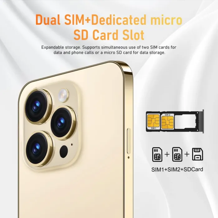 A14ProMax Unlocked Android Smartphone 6GB+256GB, 6.8" HD+ Display, 50MP+24MP Dual Camera, 6800mAh Battery, 5G Dual SIM, 128GB Expandable (Gold) - Image 3