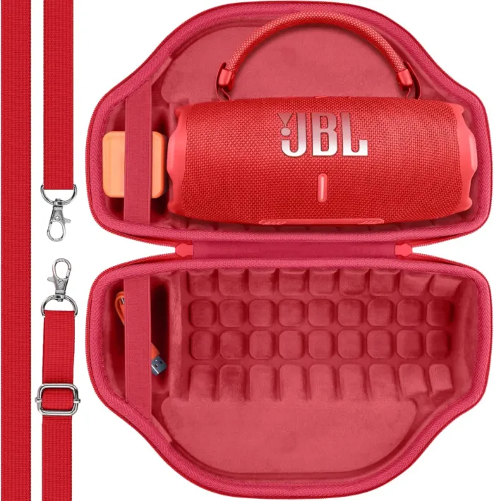 co2CREA Case for JBL Charge 6 Waterproof Portable Bluetooth Speaker, Hard Travel Bag with Detachable Shoulder Strap (Red Case) - Image 3