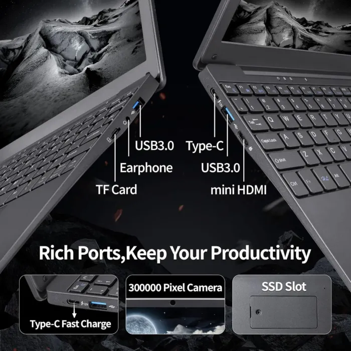 10.1 inch Ultra-Thin Portable Mini Laptop,Celeron N4020 Processor (up to 2.8Ghz), 8GB RAM DDR4,Weight only About 0.8Kg,Built-in Webcam, WiFi, Easy to Carry (Gray, 8G+128GB SSD) - Image 4
