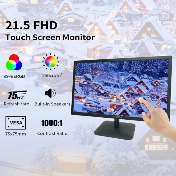 21.5 Inch Touchscreen Monitor FHD 1920x1080P, Built-in Speakers, VESA Supports, 10-Points Computer Touch Screen PC Display with Type-B HDMI VGA Port, 75Hz Desktop Touch Display, Black - Image 3