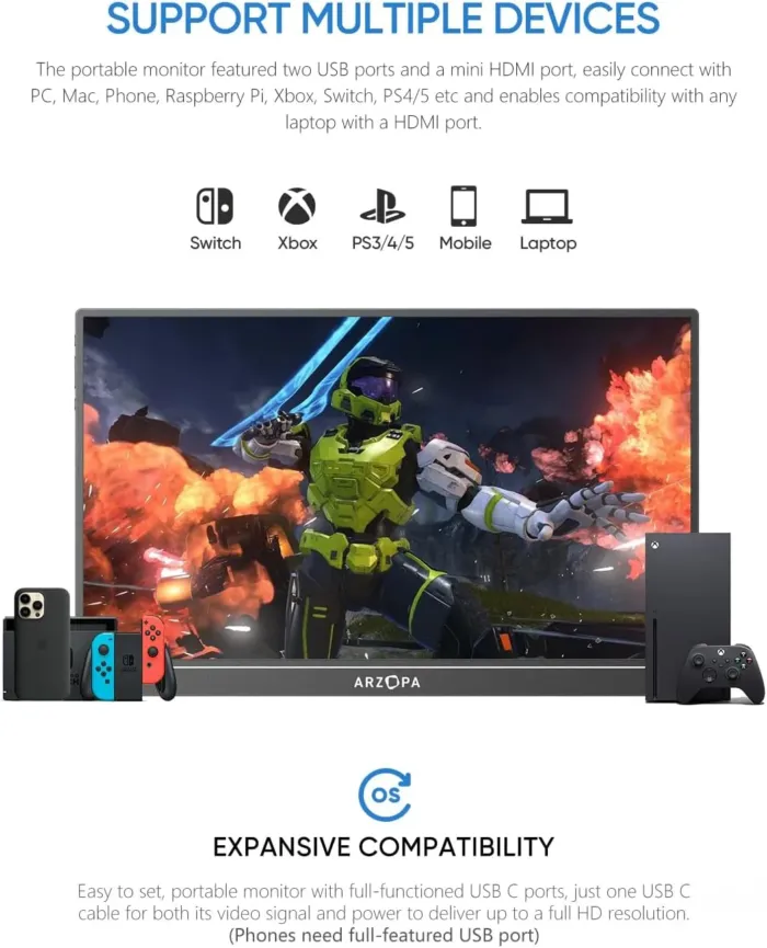 ARZOPA 16" 2.5K Portable Monitor, 2560x1600 QHD IPS Display 123% sRGB with Built-in Stand USB-C HDMI Eye Care External Second Screen for Mac Laptop Phone PS4/5 Xbox Switch -Z1RC - Image 4