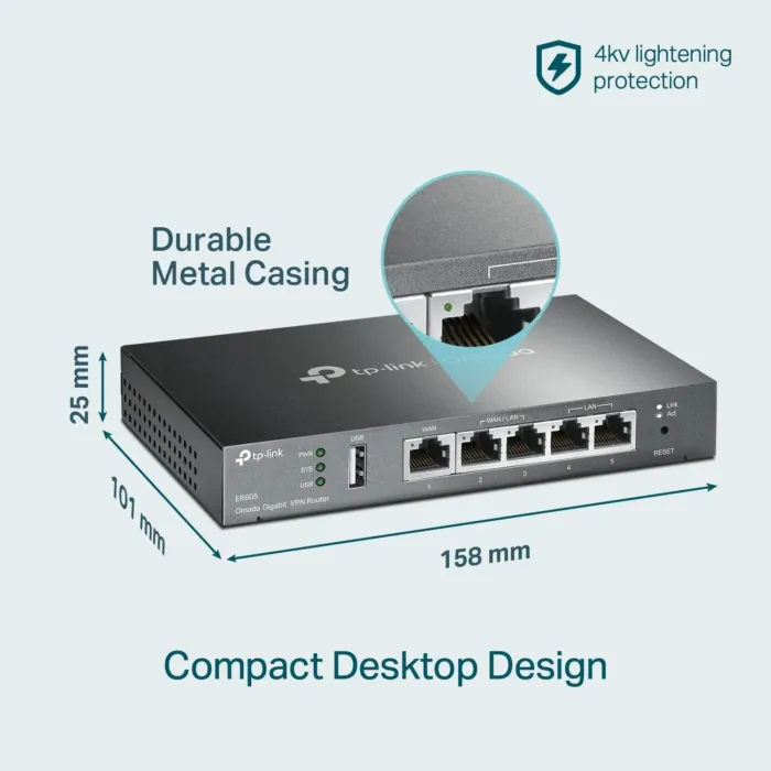 TP-Link ER605 V2 Wired Gigabit VPN Router, Up to 3 WAN Ethernet Ports + 1 USB WAN, SPI Firewall SMB Router, Omada SDN Integrated, Load Balance, Lightning Protection - Image 3