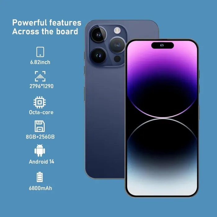 A15 Pro Max Unlocked Phones,Android 14.0 Smartphone,8+256GB Cell Phone,Support Dual SIM Dual Standby Face Recognition 6800mAh Ultra Long Life Battery-Blue - Image 3