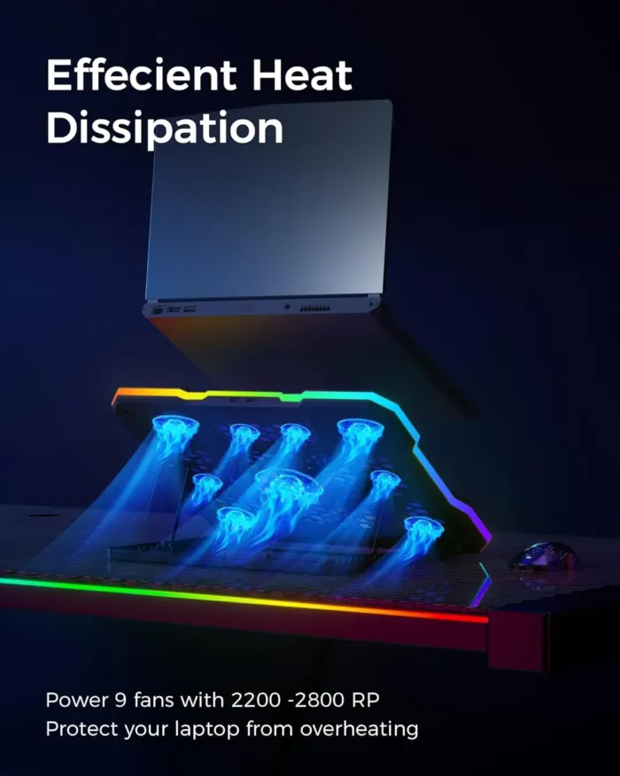 ChillCore Laptop Cooling Pad, RGB Lights Laptop Cooler 9 Fans for 15.6-19.3 Inch Laptops, Gaming Laptop Fan Cooling Pad with 8 Height Stands, 2 USB Ports - A21 Blue - Image 3