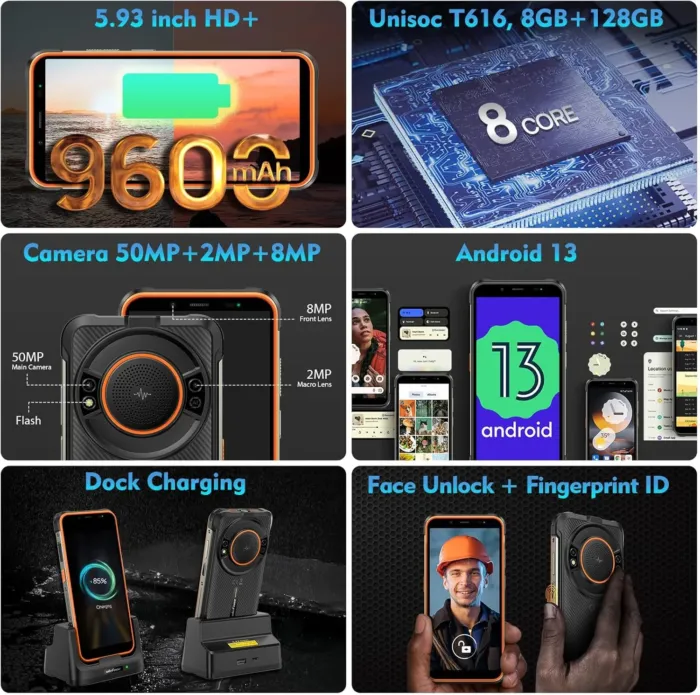 Ulefone Power Armor 16S Rugged Smartphone, 16GB+128GB, 122dB HiFi Speaker, 9600mAh Battery, 50MP Dual Rear Camera, Rugged Phone Unlocked, IP68/69K, Waterproof Phone, Drop-Proof, Android 13, NFC, Black - Image 6