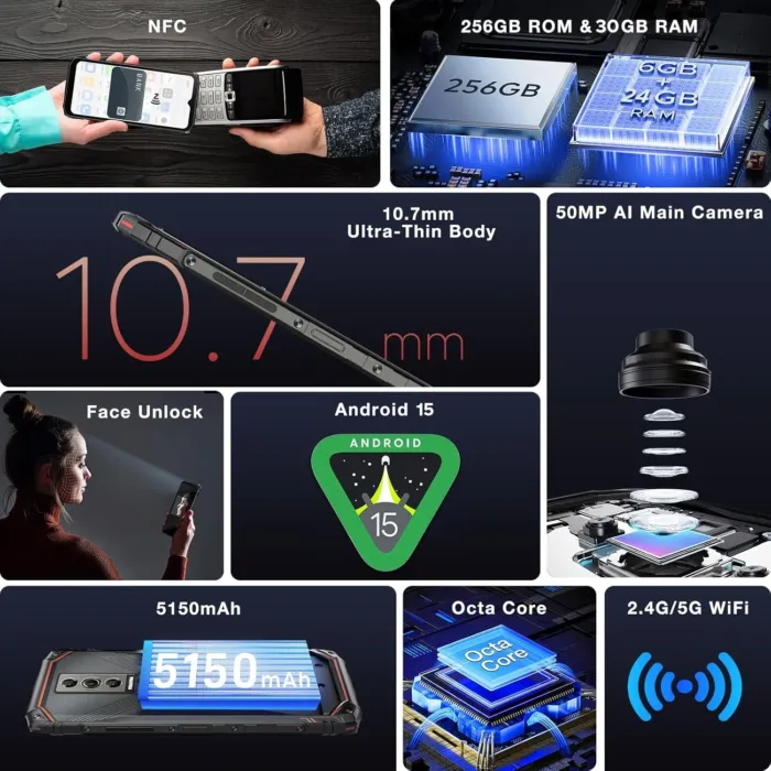 DOOGEE Blade10 Pro(2025) Android 15 Rugged Phone,10.7mm Ultra-Thin,30GB+256GB/TF 2TB,6.56”HD+90Hz Rugged Smartphone,5150mAh,50MP+8MP Camera,NFC/Widevine L1/Face ID/IP68/IP69K/3 Card Slot(Red) - Image 4