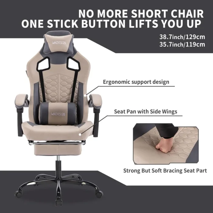 Gaming Chair with Massage,Ergonomic PC Computer Chair with Footrest Comfortable Headrest and Lumbar Support,High Back PVC Leather,300LBS (Grey)