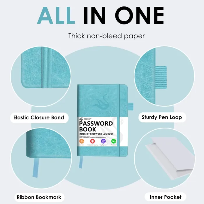 Elegant Password Book with Alphabetical Tabs - Hardcover Password Book for Internet Website Address Login - 5.2" x 7.6" Password Keeper and Organizer w/Notes Section & Back Pocket (Turquoise) - Image 4