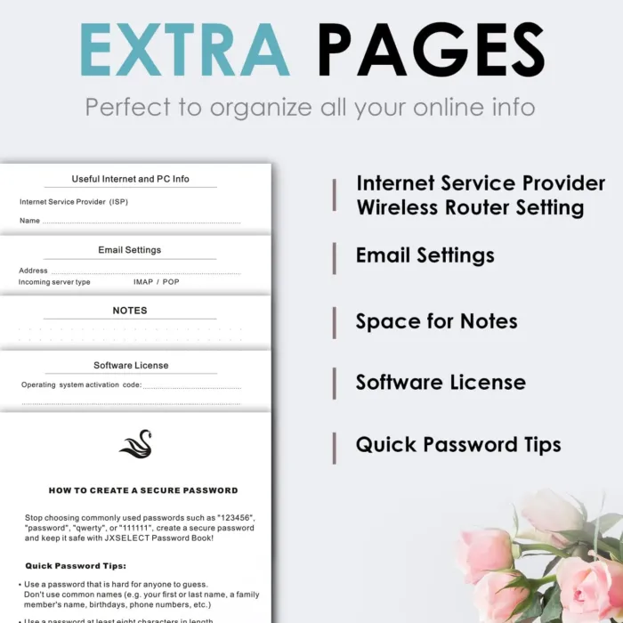 Elegant Password Book with Alphabetical Tabs - Hardcover Password Book for Internet Website Address Login - 5.2" x 7.6" Password Keeper and Organizer w/Notes Section & Back Pocket (Turquoise) - Image 6