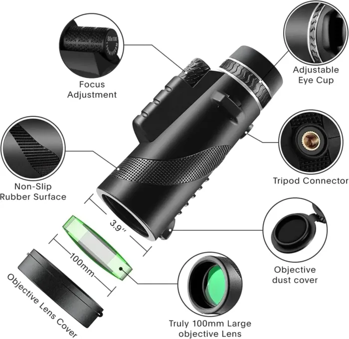 80x100 Monocular-Telescope High Powered for Smartphone Monoculars for Adults High Definition Monocular Telescope for Stargazing Hunting Wildlife Bird Watching Travel Camping Hiking-Black - Image 3