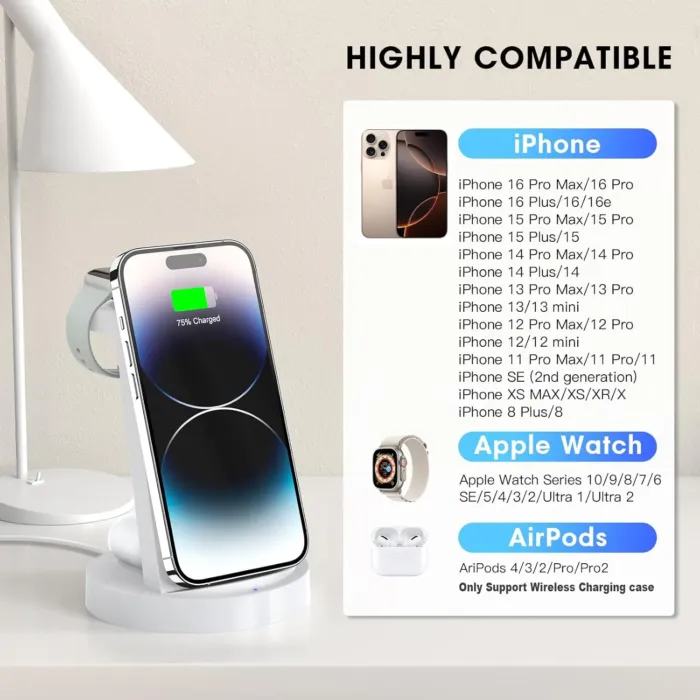 3 in 1 Charging Station for iPhone - Wireless Charger for Apple Products Multiple Devices - Charging Dock Stand for AirPods (for iPhone 16e 16 15 14 13 pro 12 11 X Max) - Image 3