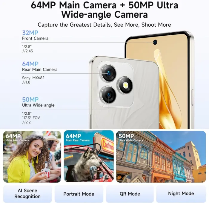 Ulefone Note 18 Pro Android 14 Unlocked Cell Phone, 12GB+256GB/2TB TF, Octa Core, 64MP+50MP Dual Camera, 6.78" HD+/90Hz Screen Smartphone, 5450mAh/18W, 4G Dual SIM/Face ID/OTG/GPS/NFC- Black Phone - Image 7