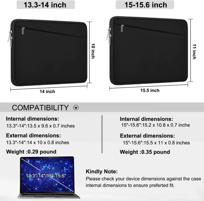 15.6 inch Laptop Sleeve, Durable Computer Carrying Bag Protective Case Briefcase Handbag with Front Pocket, Slim Cover for 15-16 Inch HP, Dell, Lenovo, Asus, Notebook, Black - Image 7