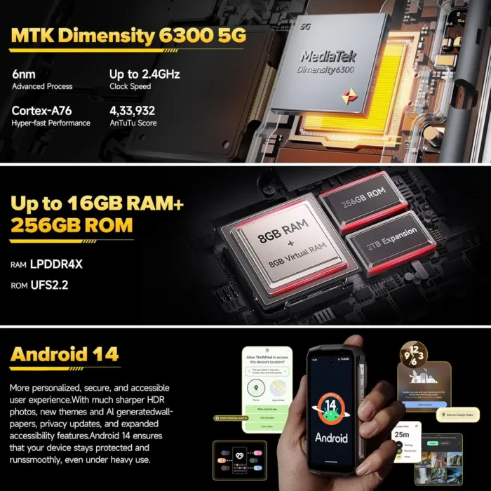 Ulefone Armor Mini 20 Pro 5G Rugged Smartphone, 16GB+256GB 6200mAh, 64MP Night Vision+50MP+32MP Camera, 4.7" Android 14 Unlocked Cell Phone, Versatile LED Light IP68/IP69K Dual SIM NFC GPS IR Blaster - Image 6