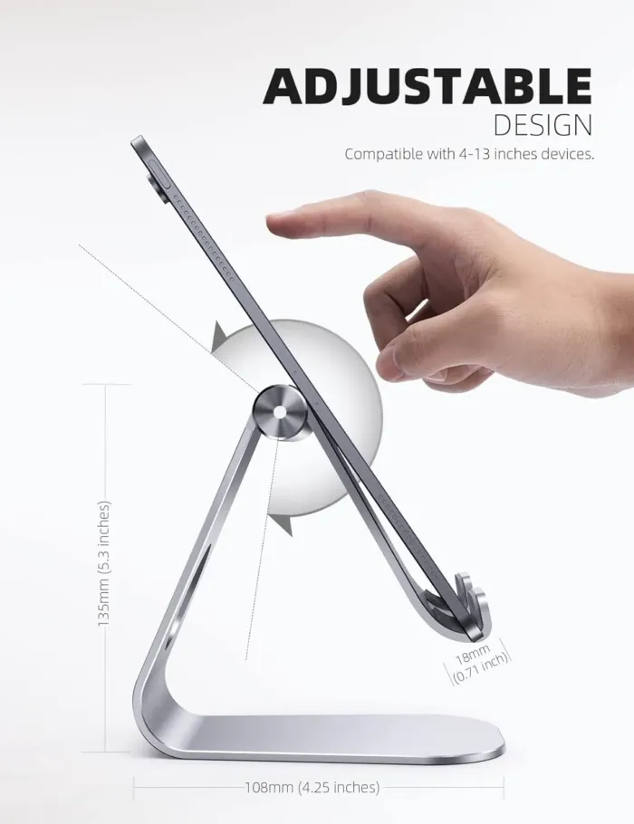 Lamicall Tablet Stand, Adjustable Tablet Holder - Desktop Stand Dock Holder Compatible with 4-13" Tablet Such as iPad Pro 11, 9.7, 10.5, 12.9 Air Mini 4 3 2, Kindle, Nexus, Tab, Silver - Image 6