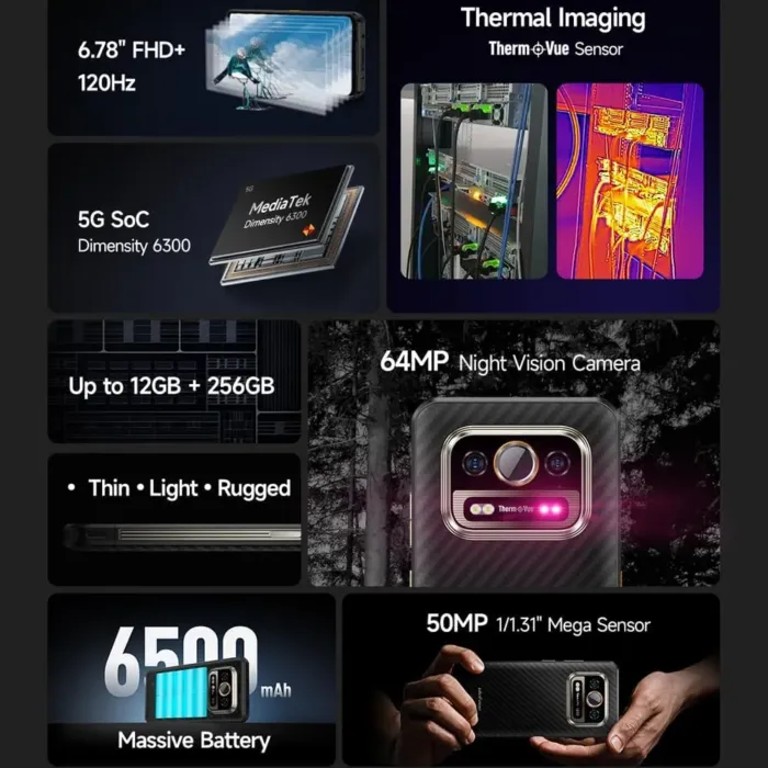Ulefone Armor 25T PRO 5G Rugged Smartphone Thermal Imaging Scanner,12GB+256GB Rugged Phone,6.78" FHD+ Display, 50MP+32MP, 6500mAh 33W, Android 14 Cell Phone, Dual 5G/4G LTE/NFC/OTG/Wireless Charging - Image 4