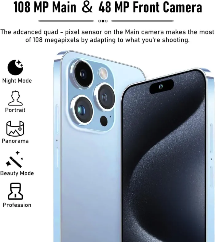 A15 Pro Max Unlocked Android Phone, 8+256GB Storage Cell Phone, 108MP Camera |6.8" HD Display | Dual SIM & Face ID | 6800mAh Battery | 5G Smartphone with Android 14.0-Blue - Image 5