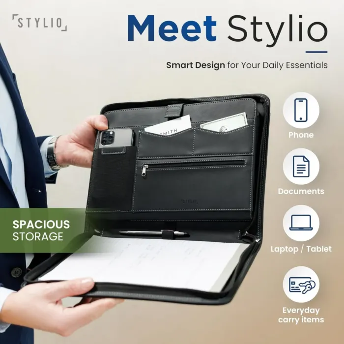 STYLIO Zipper Padfolio Portfolio Binder Organizer | Faux Leather Portfolio for Resume, Documents, Phone, Tablet, Business Supplies and Cards | Notebook Organizer with Letter Sized Notepad Included - Image 3
