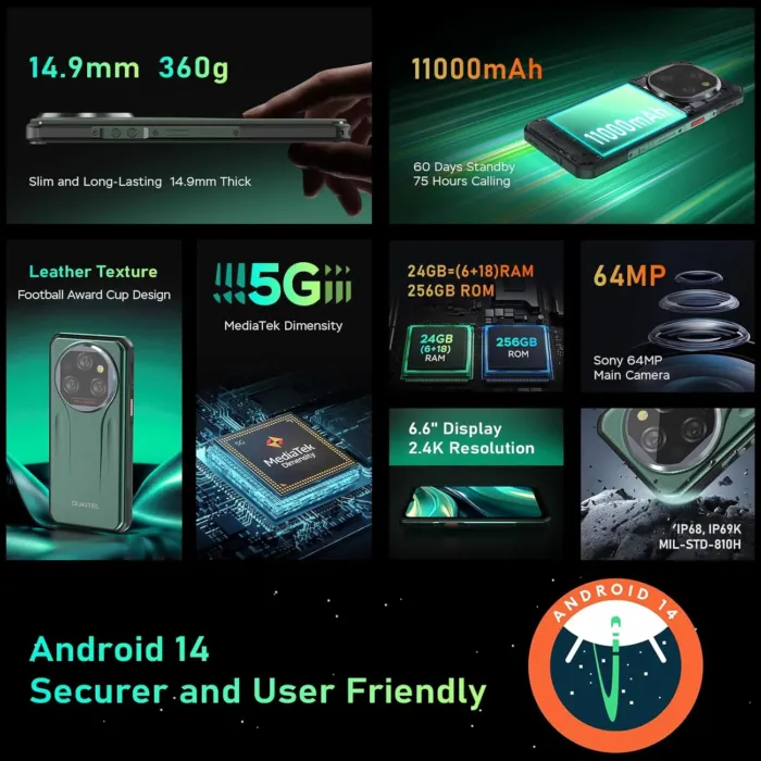 OUKITEL WP39 Rugged Phone 5G, 24GB+256GB Cell Phone, 6.6" FHD+ Android 14 Phones, 11000mAh Battery Rugged Smartphone Unlocked, 64MP Camera, 15MM Ultra Thin/Dimensity 6100+/5G Dual SIM/NFC/GPS/T-Mobile - Image 9