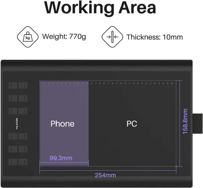 HUION Inspiroy H1060P Graphics Drawing Tablet with 8192 Pressure Sensitivity Battery-Free Stylus and 12 Customized Hot Keys, 10 x 6.25 inches Digital Art Tablet for Mac, Windows PC and Android - Image 5