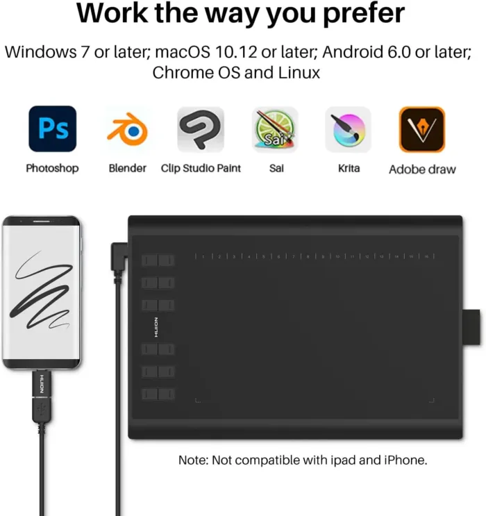 HUION Inspiroy H1060P Graphics Drawing Tablet with 8192 Pressure Sensitivity Battery-Free Stylus and 12 Customized Hot Keys, 10 x 6.25 inches Digital Art Tablet for Mac, Windows PC and Android - Image 6