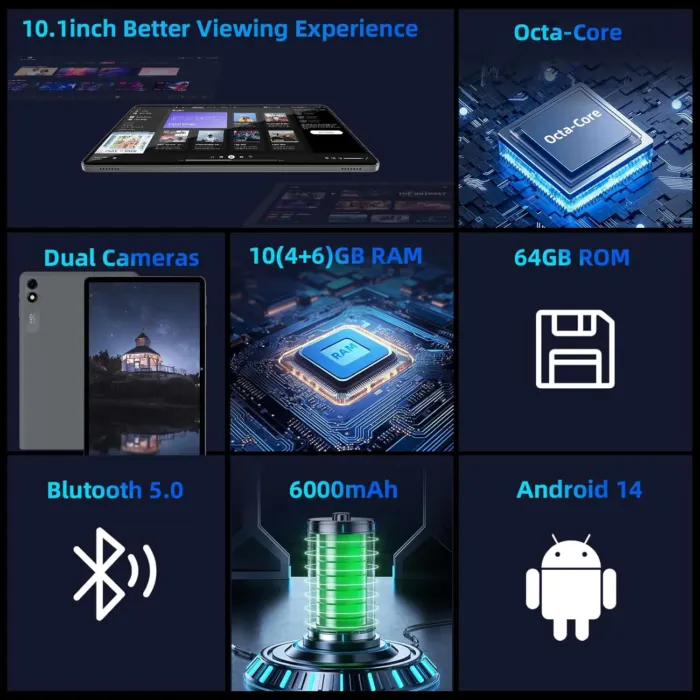 Android 14 Tablet,10 inch Tablets, Octa Core Processor, 10GB+64GB+512GB Expansion, 1280x800 HD IPS Display Screen, Wi-Fi6, Dual Camera, 6000mAh Battery Tablet PC,Support Widevine L1 Google Kids Space - Image 3